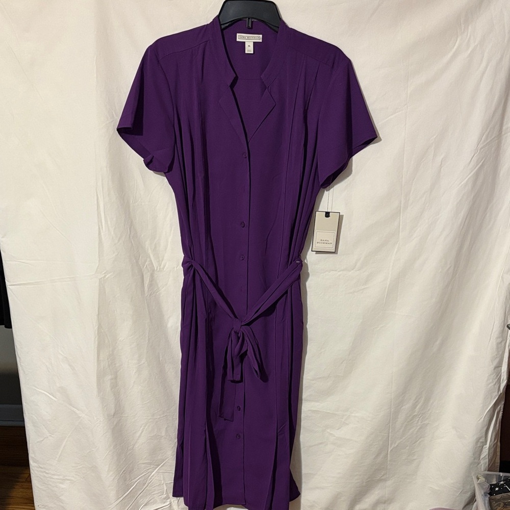 Dana Buchman Deep Purple Midi T-Shirt Dress with Tie Waist and 2 pockets